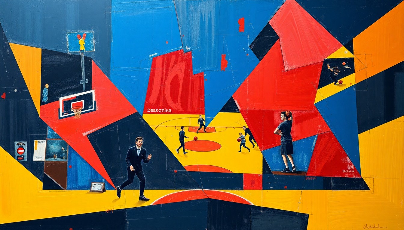 A fractured, geometric painting depicting the chaotic action of a basketball game, with sharp planes of navy, crimson, and gold representing the intensity and strategic complexity of the playoff matchup.