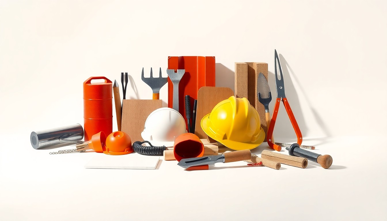 A high-end, photorealistic studio still-life photograph featuring a collection of premium, polished construction materials and tools arranged elegantly on a clean, monochromatic seamless background, conceptually representing the abstract concepts of urban infrastructure and civic transformation.