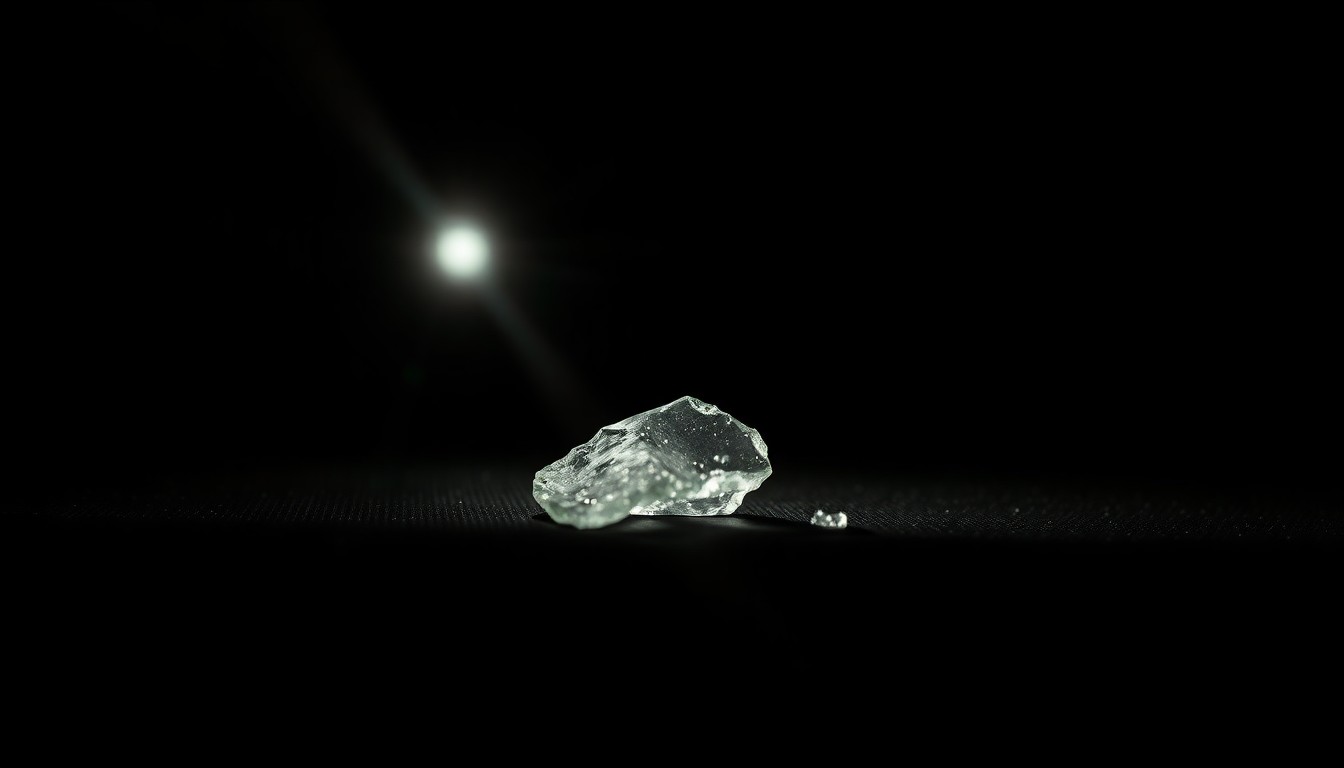 An extreme close-up photograph of a broken piece of glass reflecting a harsh, direct camera flash, conceptually representing the evidence gathered in a violent crime investigation.