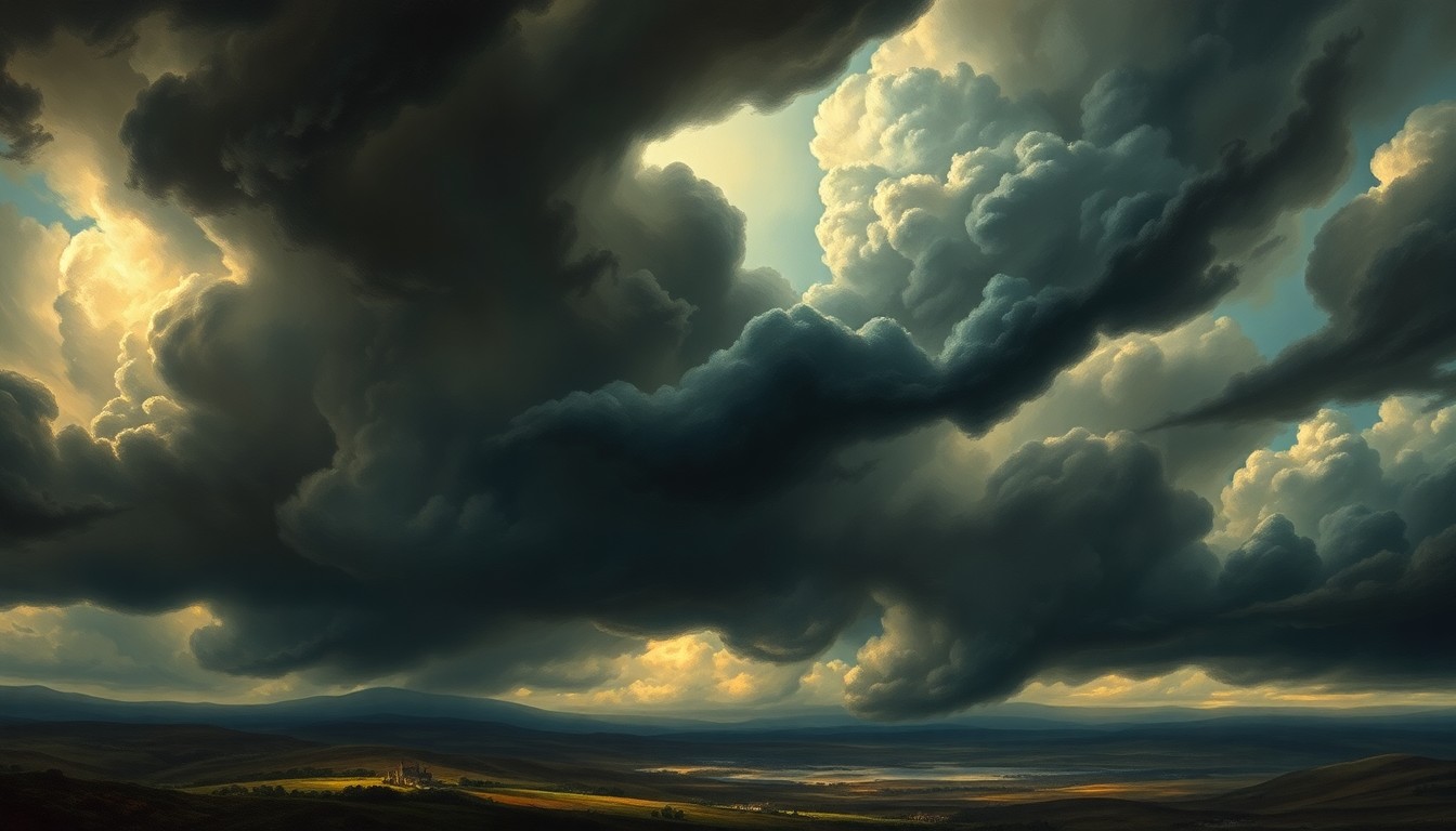 A vast, atmospheric landscape painting in muted tones of gray, blue, and gold, depicting a stormy, turbulent sky filled with dramatic, swirling clouds and dramatic lighting, with a small town or rural structure barely visible in the distance, dwarfed by the overwhelming power of the natural elements.