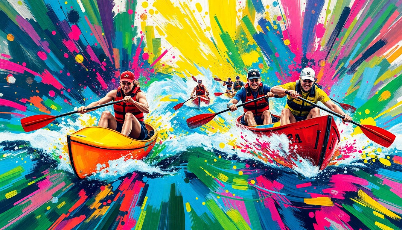 An abstract, expressionist painting in vibrant neon colors depicting the frenetic motion and energy of paddlers racing down a river, their forms dissolving into splashes of paint.