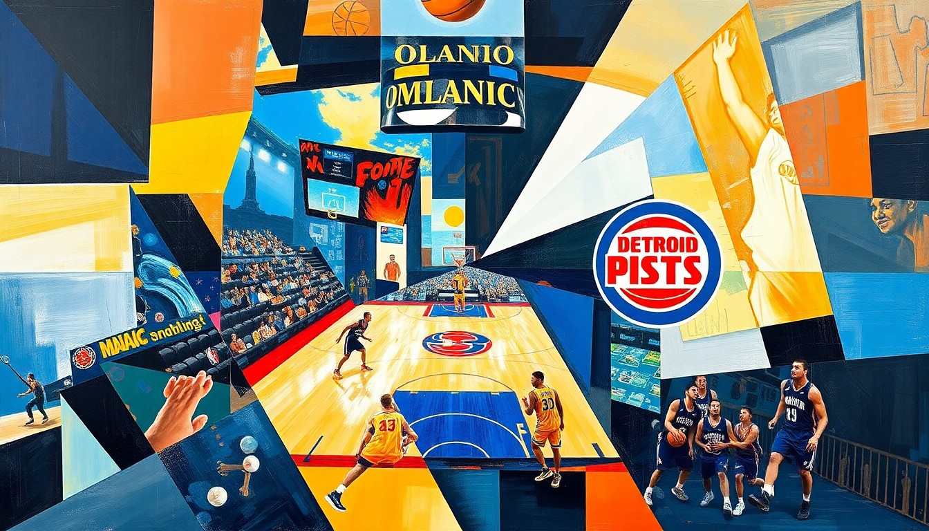 A fragmented, geometric painting depicting a basketball game between two teams, with sharp, overlapping shapes and planes representing the action on the court.