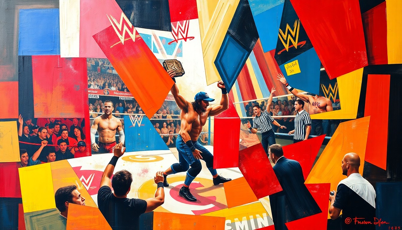 A fragmented, geometric painting depicting the chaotic energy and intense action of a WWE championship match, with wrestlers' bodies and the ring itself broken down into sharp, overlapping planes of color.