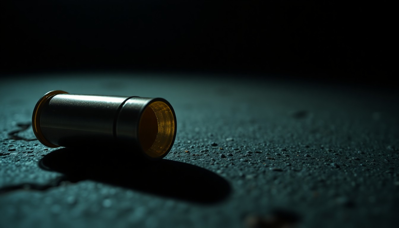 An extreme close-up of a single spent shell casing on a dark concrete surface, reflecting a harsh, direct camera flash and conveying the gritty, investigative mood of the tragic event.