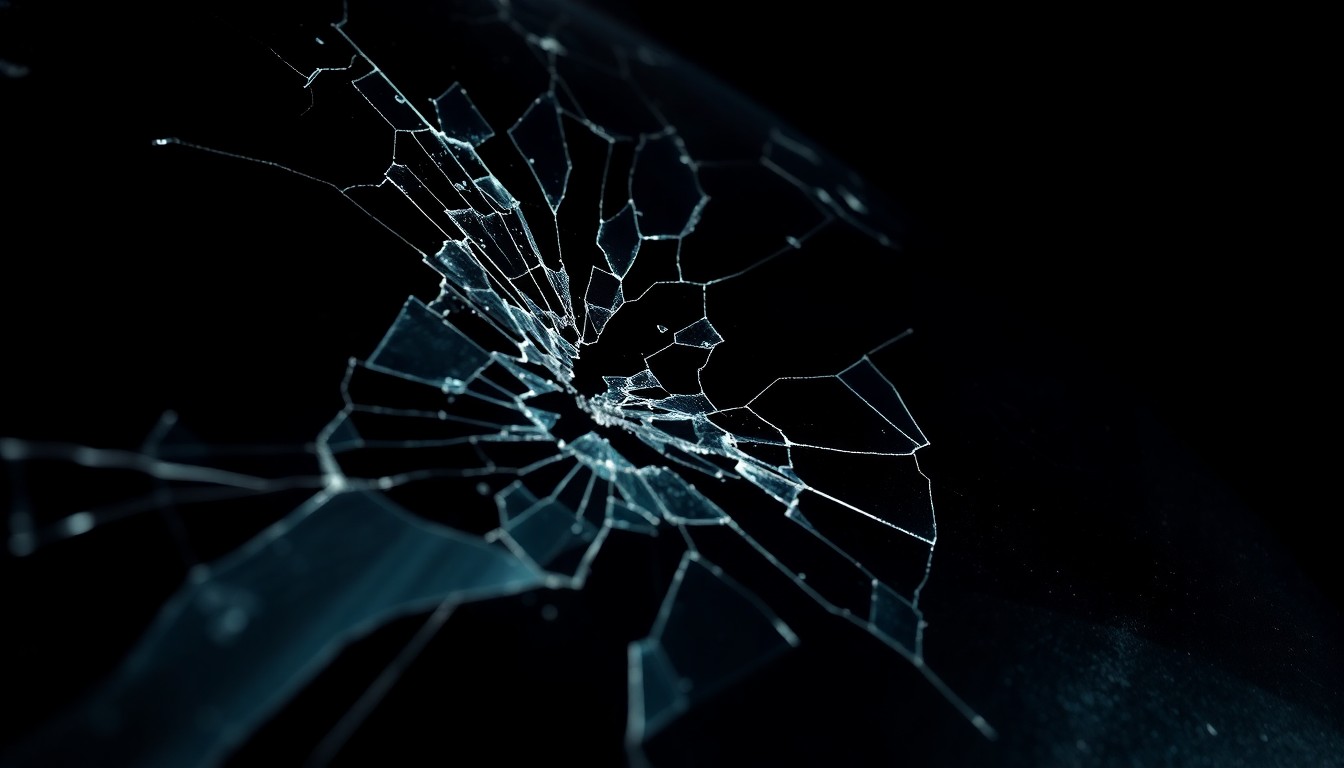 An extreme close-up photograph of a cracked and shattered car windshield, conceptually illustrating the aftermath of a fatal highway crash.