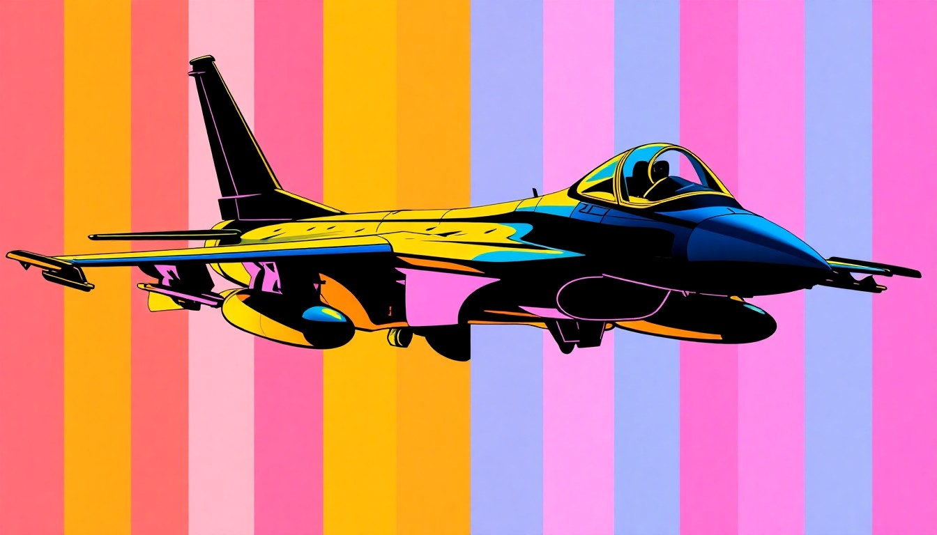 A bold, colorful silkscreen-style illustration of an F-15C fighter jet, its sleek form repeated in a grid pattern against a vibrant neon background, capturing the energy and excitement of the Thunder Over Louisville air show.
