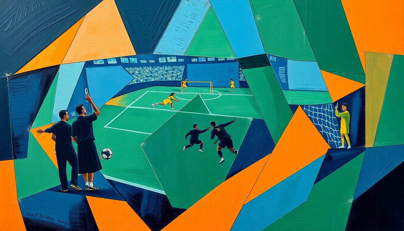 A cubist, geometric painting depicting a fragmented football field with overlapping planes of navy, green, and orange, conceptually representing the complex and unclear circumstances surrounding the Vrabel-Russini relationship.