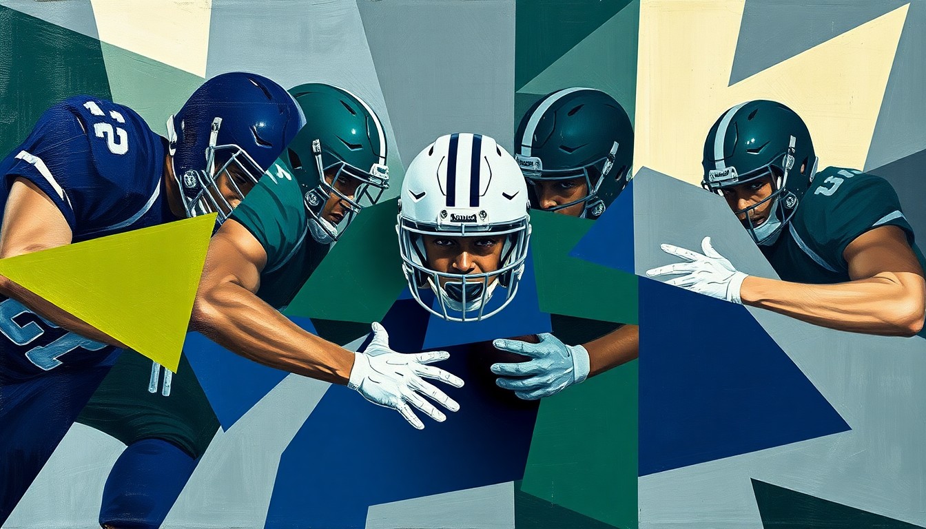 A cubist, geometric painting depicting the abstract forms of football players on an offensive line, with sharp, overlapping shapes in shades of blue, green, and gray.
