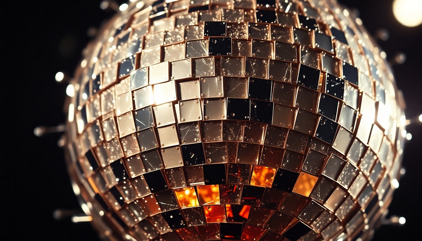 An extreme close-up photograph of shimmering, reflective disco ball shards against a dramatic, high-contrast studio lighting setup, conceptually representing the glamour and energy of a high-profile music collaboration.