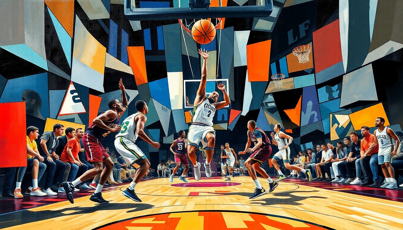 A fractured, multi-perspective painting breaking down a basketball game into sharp, overlapping geometric planes, with the players' forms deconstructed into abstract shapes and colors, capturing the intensity and movement of the playoff matchup.