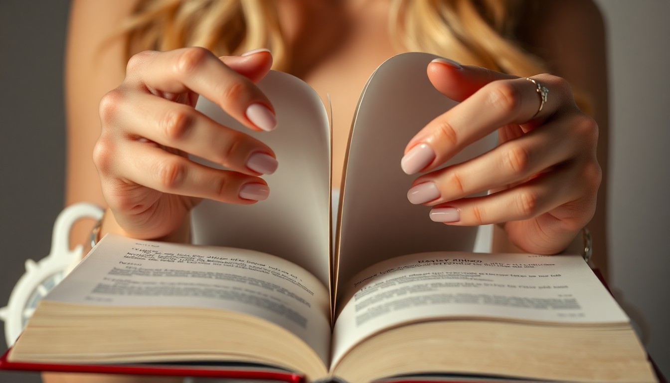 An extreme close-up photograph of a person's hands holding an open book, the pages reflecting dramatic studio lighting to create a high-fashion, glamorous aesthetic.