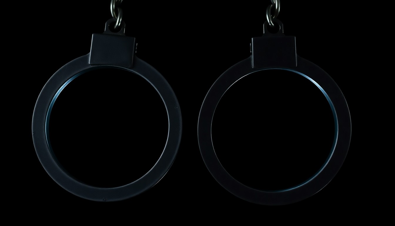 An extreme close-up photograph of a set of handcuffs against a pitch-black background, lit by a harsh, direct camera flash, conceptually representing the arrest and detention of individuals involved in this crime.