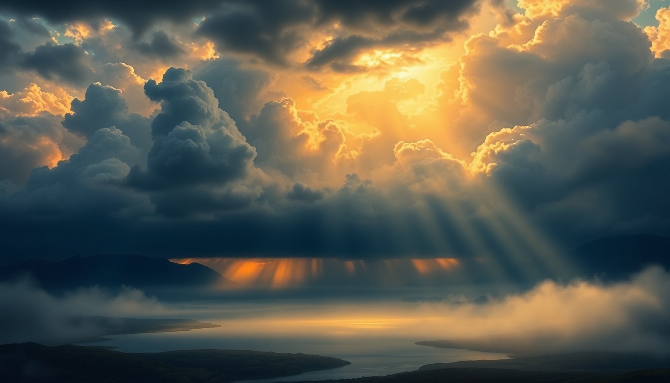 A vast, atmospheric landscape painting in muted tones of gray, blue, and gold, depicting a dramatic, stormy sky with heavy clouds and rays of sunlight breaking through, casting a warm glow over a serene, misty lake or river. The scene conveys a sense of the overwhelming power and sublime beauty of nature, with any physical structures or objects dwarfed by the scale of the weather.