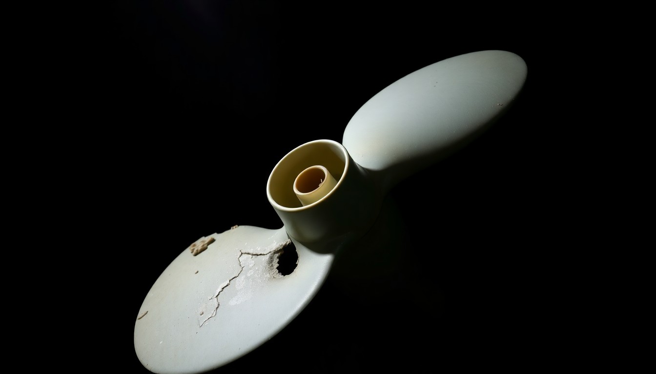 An extreme close-up photograph of a damaged boat propeller blade, with the metal surface reflecting a harsh, direct flash of light against a pitch-black background, conceptually illustrating the dangers of motorized boats in an area meant for non-motorized recreation.