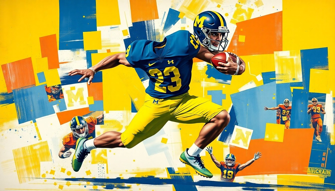 A cubist, geometric illustration depicting a Michigan football player in mid-stride, their body fragmented into overlapping planes of bright maize and blue colors, capturing the raw power and energy of their running motion.