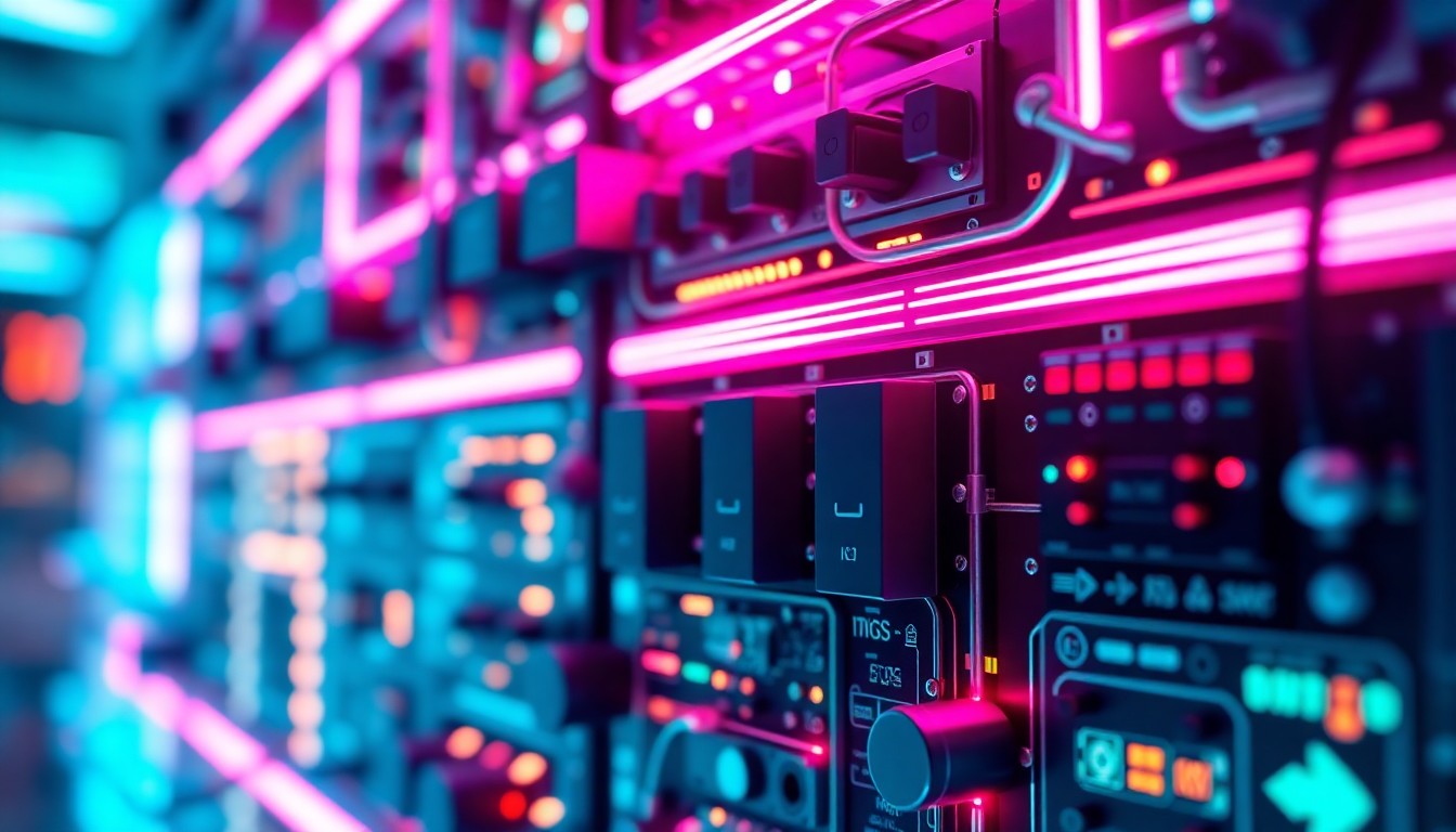 A highly detailed, glowing 3D macro illustration of a futuristic, modular AI control panel or server rack, with neon cyan and magenta lights illuminating the intricate cybernetic hardware components, conceptually representing the advanced AI technology powering enterprise productivity and workflow automation.