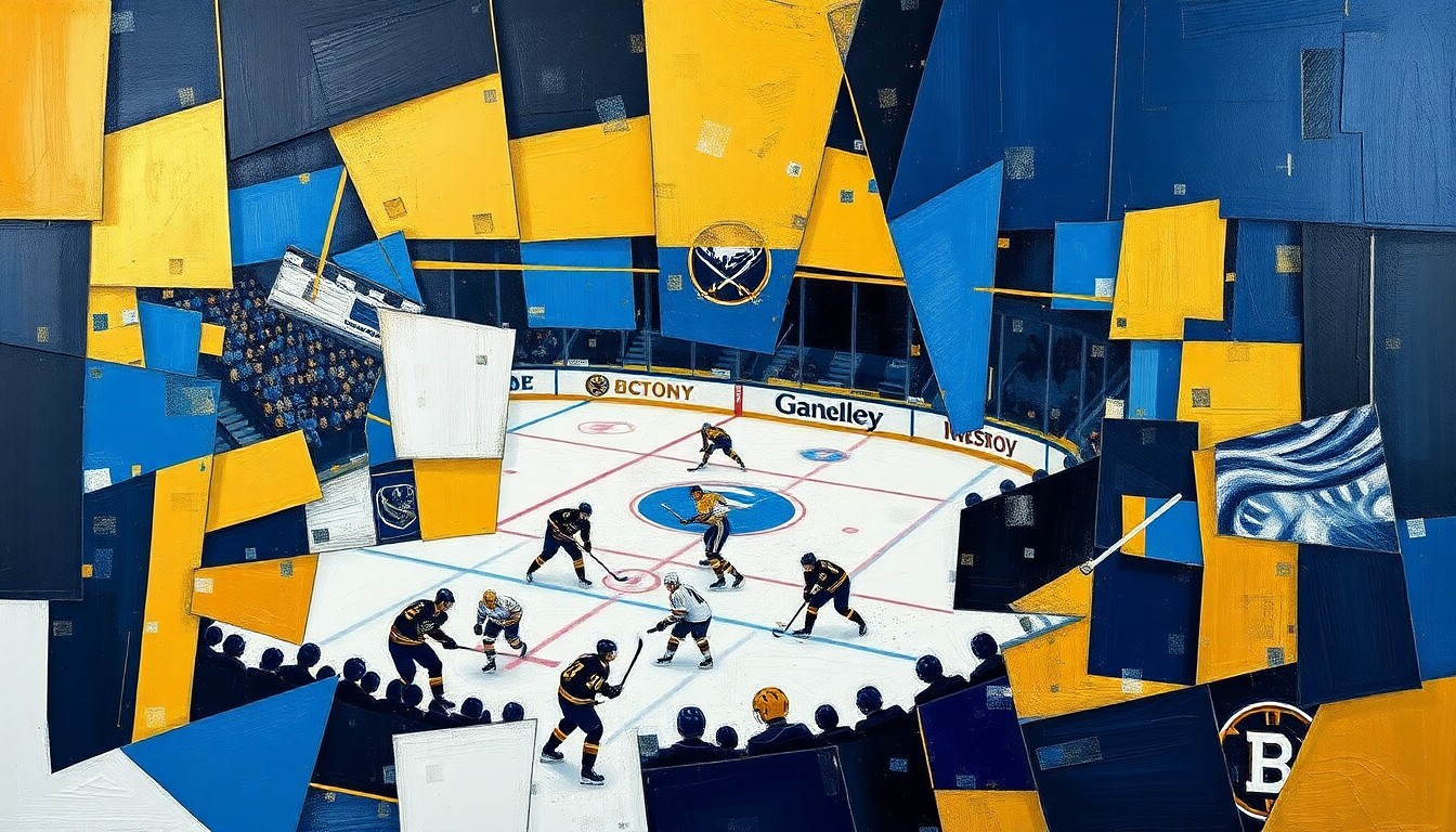 A cubist, geometric painting depicting a hockey game between the Buffalo Sabres and Boston Bruins, with the players and action broken down into sharp, overlapping shapes and planes in navy blue, gold, and black colors.