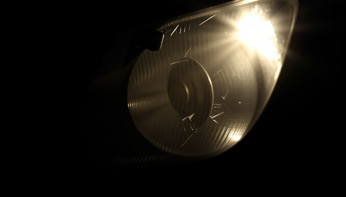 An extreme close-up photograph of a shattered car sensor lens reflecting a faint red light, conceptually illustrating the damage caused by a vehicle collision in a crowded city neighborhood.