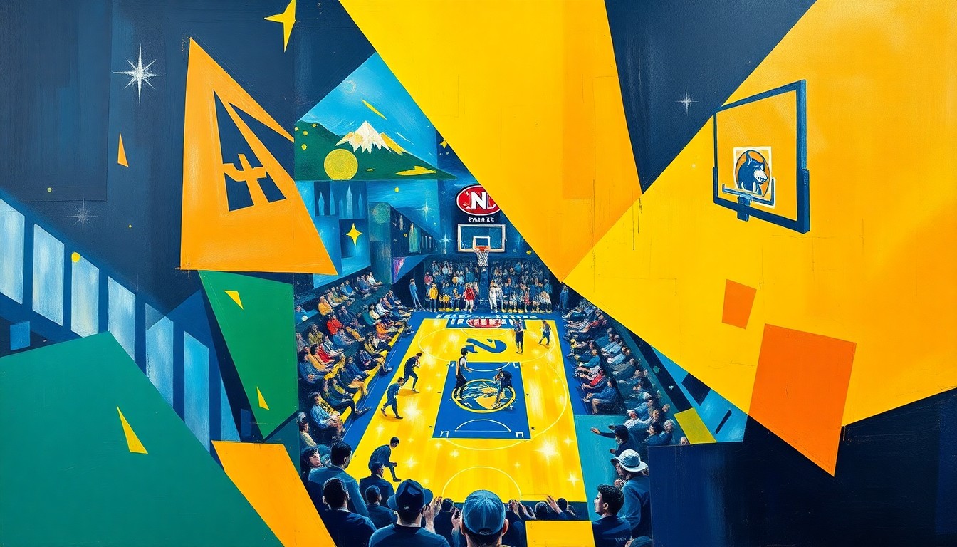 A fractured, multi-perspective painting in bold, overlapping geometric shapes and planes of navy, gold, blue and green, conceptually representing the intense action and rivalry of a playoff basketball game between the Denver Nuggets and Minnesota Timberwolves.