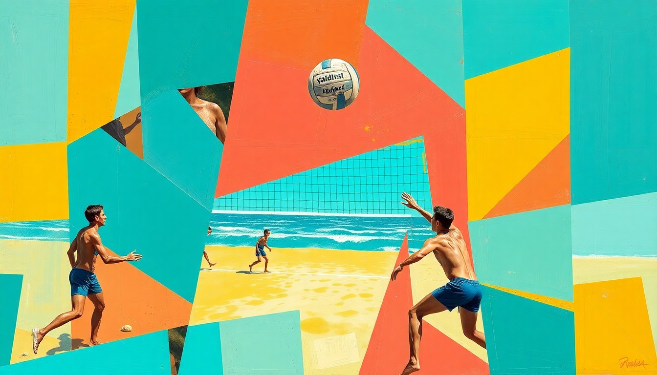 A dynamic, fragmented painting in shades of teal, coral, and gold depicting the motion and competition of a beach volleyball match.