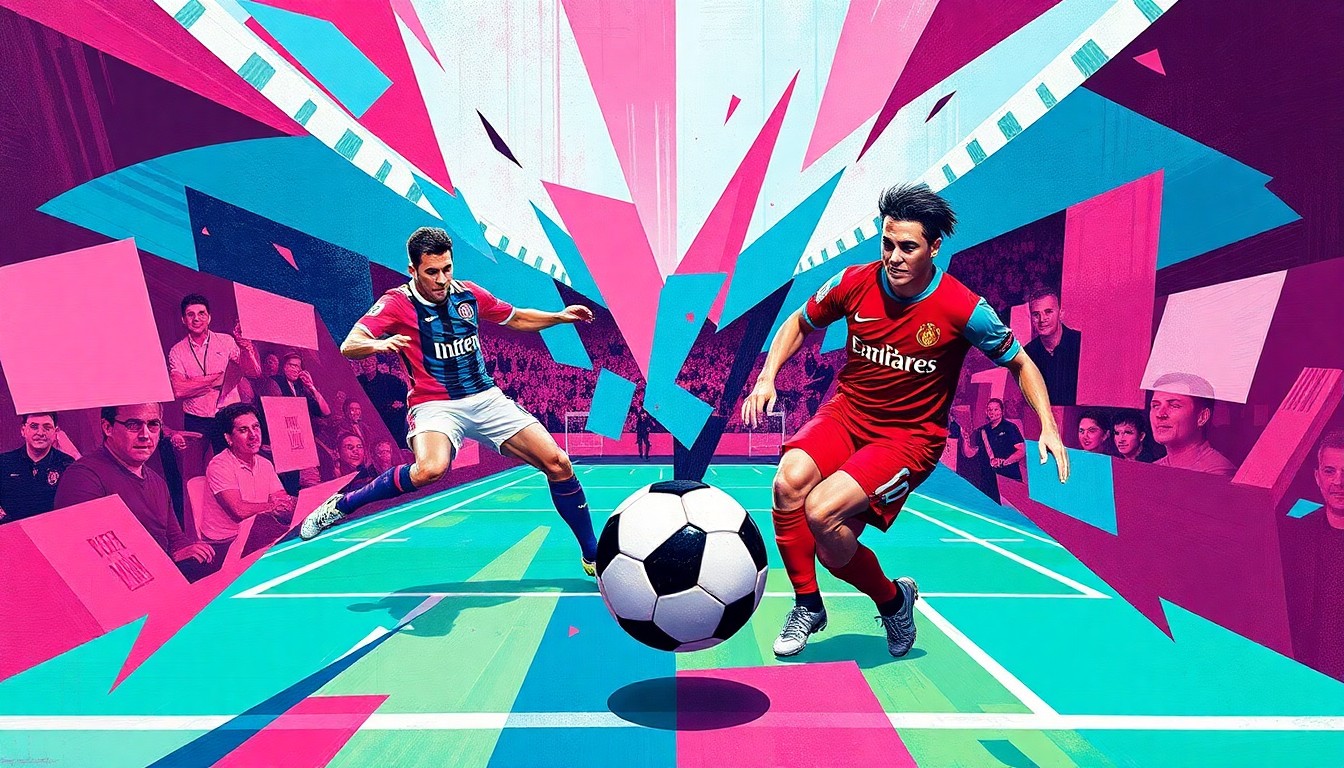 A cubist, geometric painting depicting the dynamic action of a soccer match, with fragmented shapes and planes in shades of pink, teal, burgundy, and blue representing the players' movements and the ball's trajectory.