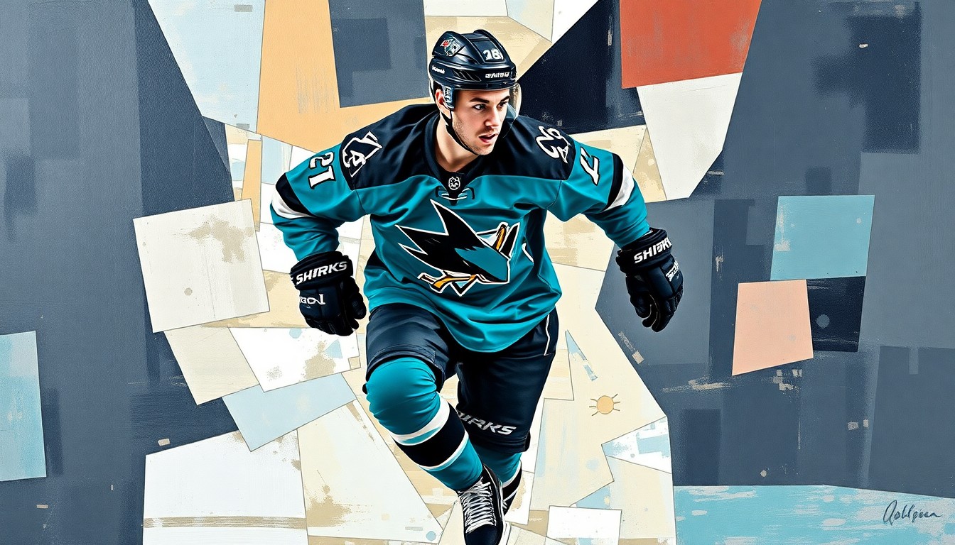 A cubist-style painting depicting a hockey player in mid-stride, their body broken down into sharp, overlapping geometric shapes in the Sharks' teal and black colors, conveying the energy and potential of the team's young star.