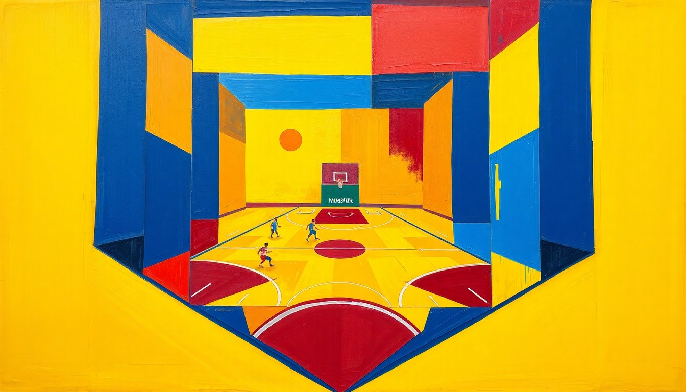 A cubist, geometric painting depicting fragmented basketball players and court elements in a palette of golden yellow, royal blue, and crimson red, conveying the complex financial challenges facing the Warriors' roster construction.