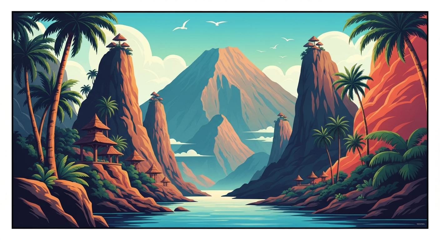 A highly stylized, geometric illustration depicting the grand scale and sweeping vistas of Indonesia's diverse natural landscapes, including towering mountains, serene lakes, and lush tropical foliage, all rendered in a bold, Art Deco-inspired visual style.