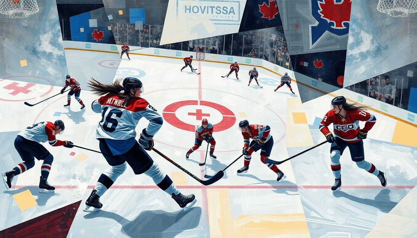 A cubist, geometric painting depicting the dynamic action of a women's hockey game, with fragmented shapes and planes representing the players, sticks, and ice surface in motion.