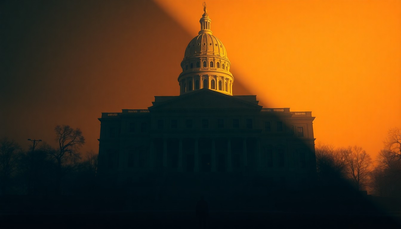 A cinematic painting of the New York state capitol building in warm, golden light, with a solitary figure standing in the foreground, conveying a sense of unease and uncertainty about the alleged interference in the state's executive branch.