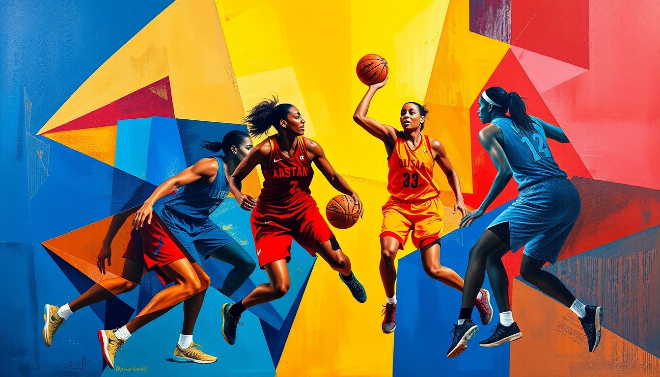 A cubist, geometric painting depicting the dynamic movements and energy of a WNBA basketball game, with the players' forms abstracted into sharp, overlapping shapes in a vibrant color palette.