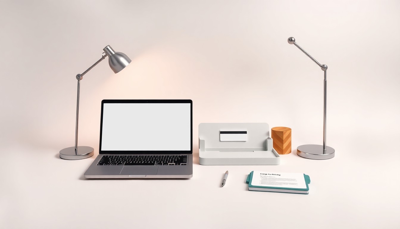 A high-end, photorealistic studio still-life photograph featuring a collection of premium, polished business objects such as a sleek laptop, a modern desk lamp, and a stylized paper document holder arranged elegantly on a clean, monochromatic seamless background, conceptually representing the abstract concepts of small business strategy, finance, and technology.