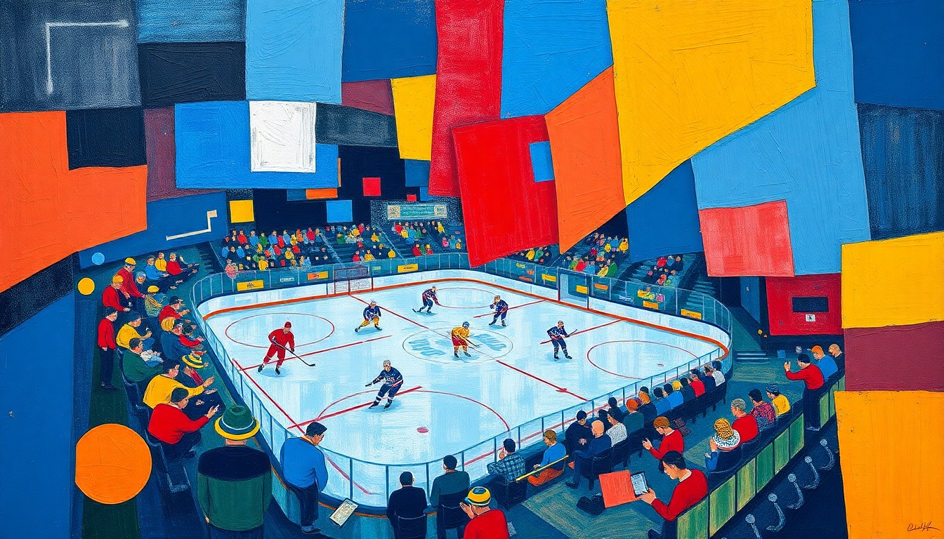 A cubist, geometric painting depicting the chaotic energy of a hockey game, with fragmented players, sticks, pucks, and fans in the stands, all rendered in a vibrant palette of blues, reds, and yellows.