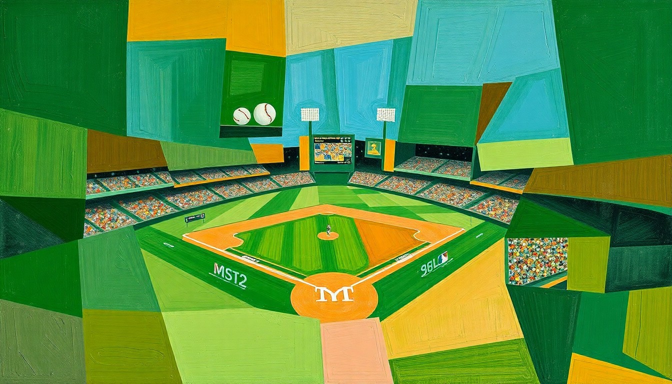 A fragmented, geometric painting depicting the motion and energy of a baseball game, with overlapping planes of green, brown, and blue representing the field, players, and crowd.
