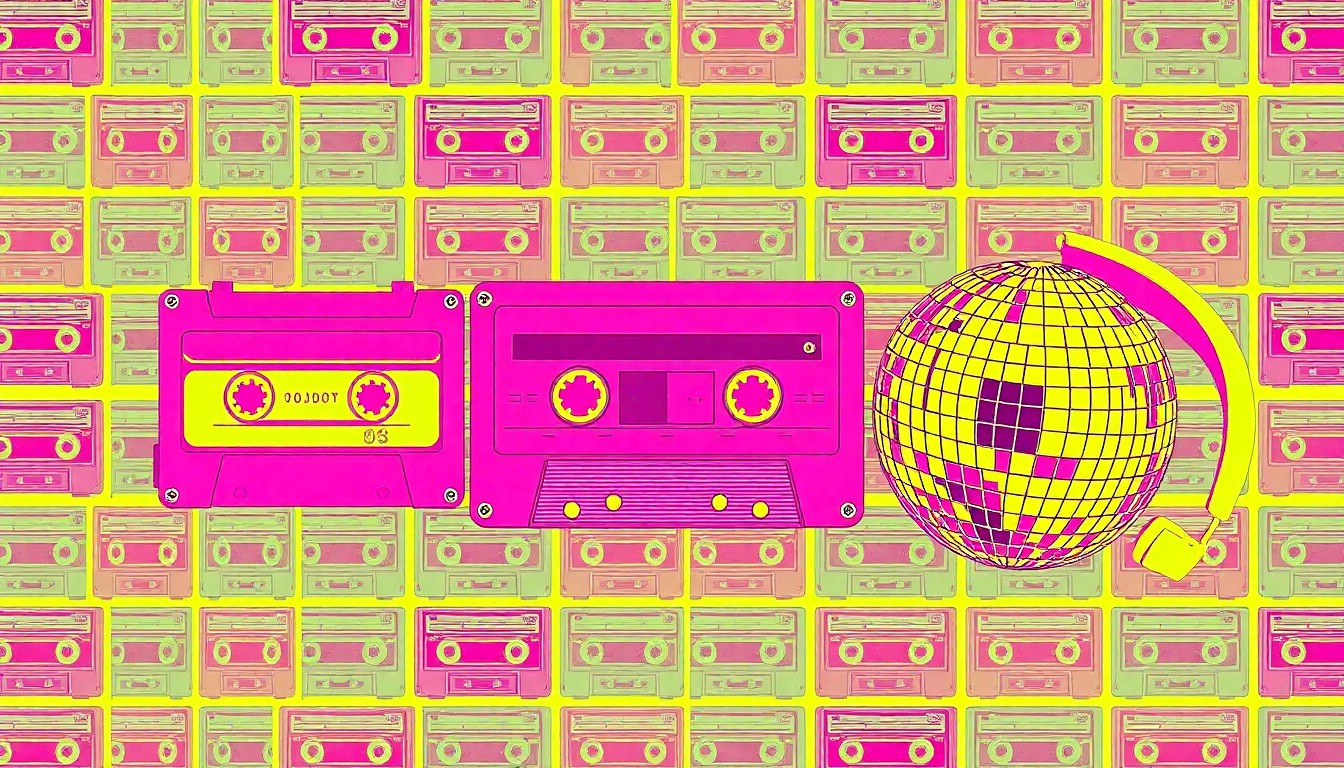 A vibrant, high-contrast silkscreen print featuring a repeating grid of 80s icons like a cassette tape, rotary phone, and disco ball, rendered in a bold, neon color palette that evokes the playful, nostalgic mood of the event.