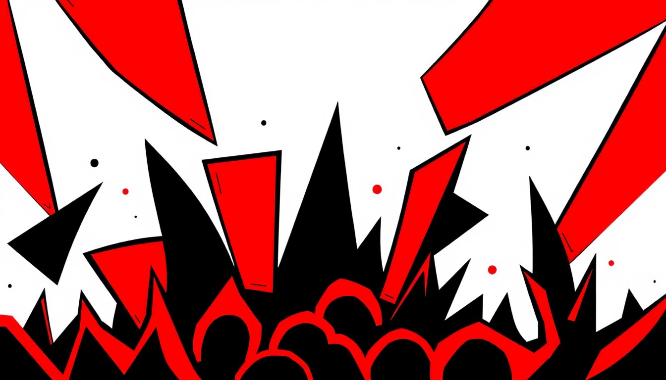 An abstract, minimalist illustration featuring sharp, angular shapes in black and red, conveying the vibrant energy of a live comedy performance.