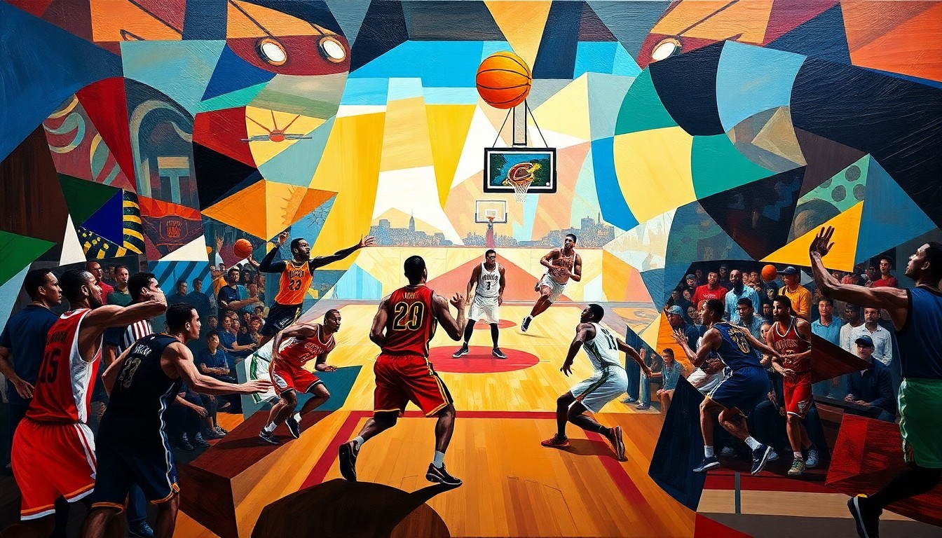 A cubist, geometric painting depicting an abstracted basketball game, with the players' forms broken down into sharp, overlapping shapes in vibrant colors, capturing the energy and intensity of the sport.