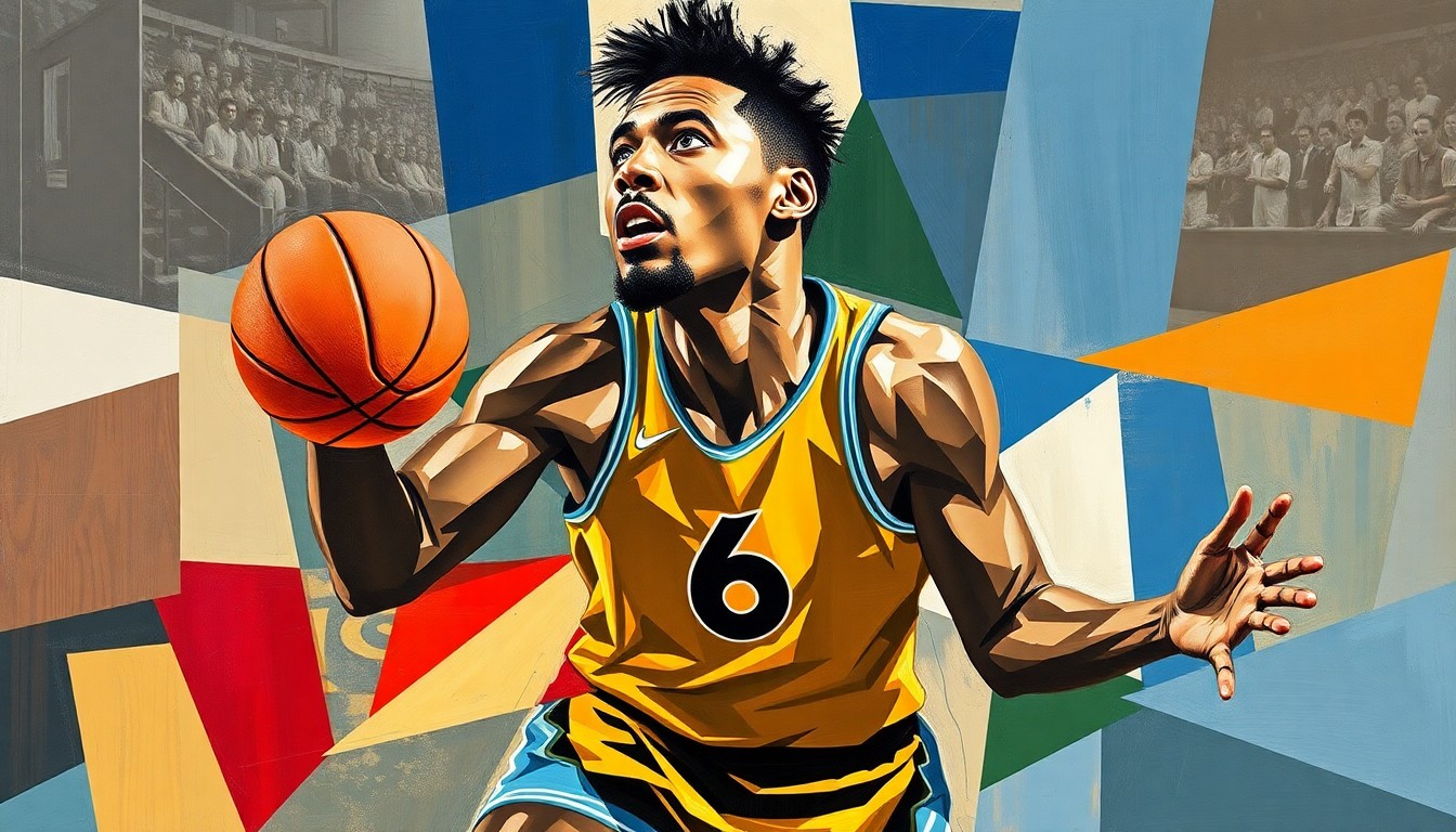 A cubist, geometric painting depicting the basketball skills and struggles of Ja Morant, with sharp, overlapping planes of color and form conveying the complexity of the young star's journey.