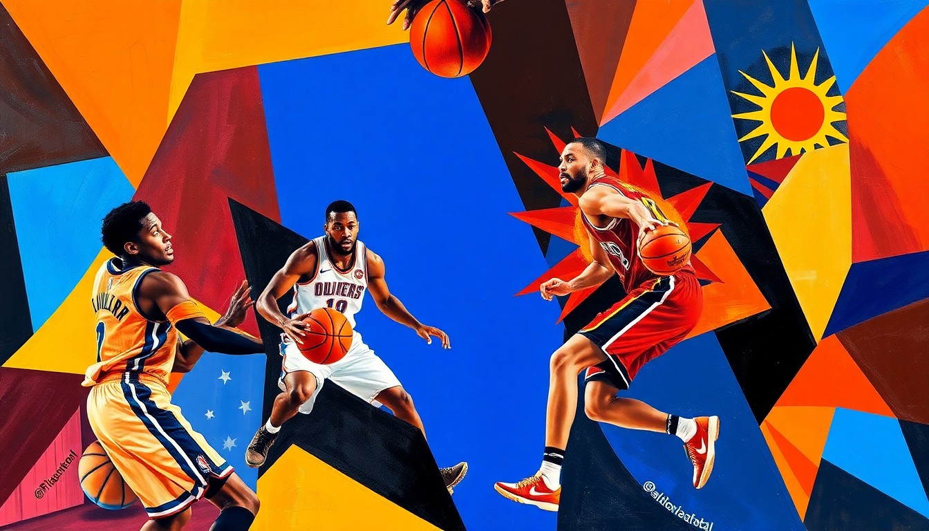 A fractured, multi-perspective painting breaking down a basketball game between the Oklahoma City Thunder and Phoenix Suns into sharp, overlapping geometric shapes and planes in the teams' official colors, creating an abstract, cubist representation of the athletic competition.