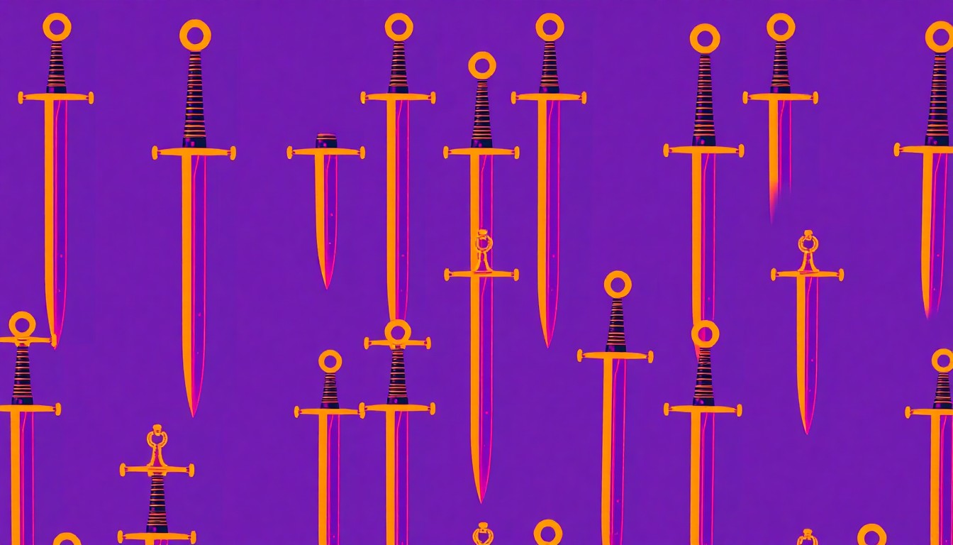 A bold, colorful silkscreen illustration featuring a Knights of Columbus ceremonial sword repeated in a grid pattern, capturing the patriotic spirit of the organization's activities.