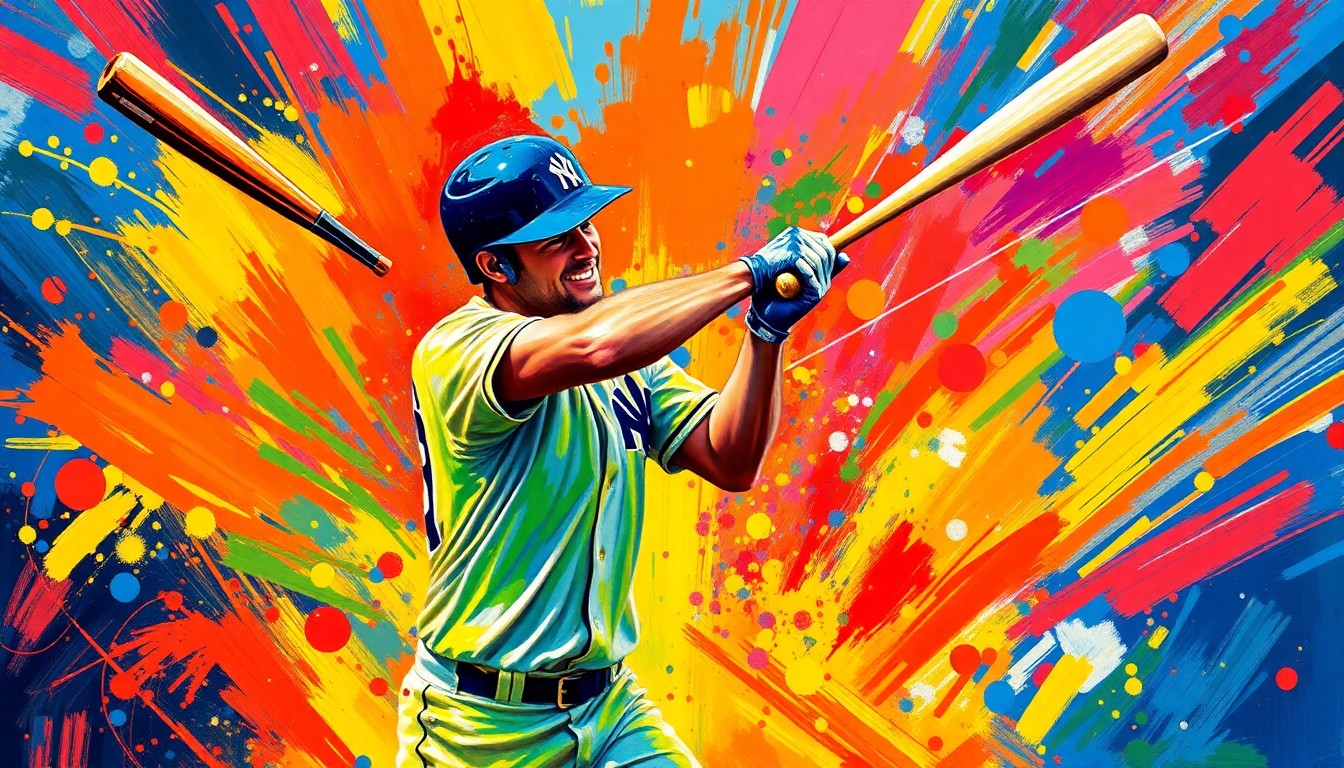 An energetic, expressionist painting in vibrant neon colors capturing the raw power and movement of a baseball player swinging a bat, with the details of the player and field dissolving into abstract brushstrokes.