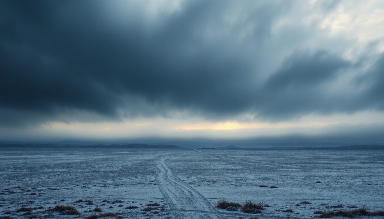 A vast, atmospheric landscape painting in muted tones of grey, blue, and white, depicting a frozen, barren field under a heavy, overcast sky, conveying a sense of the overwhelming power and melancholy of nature.