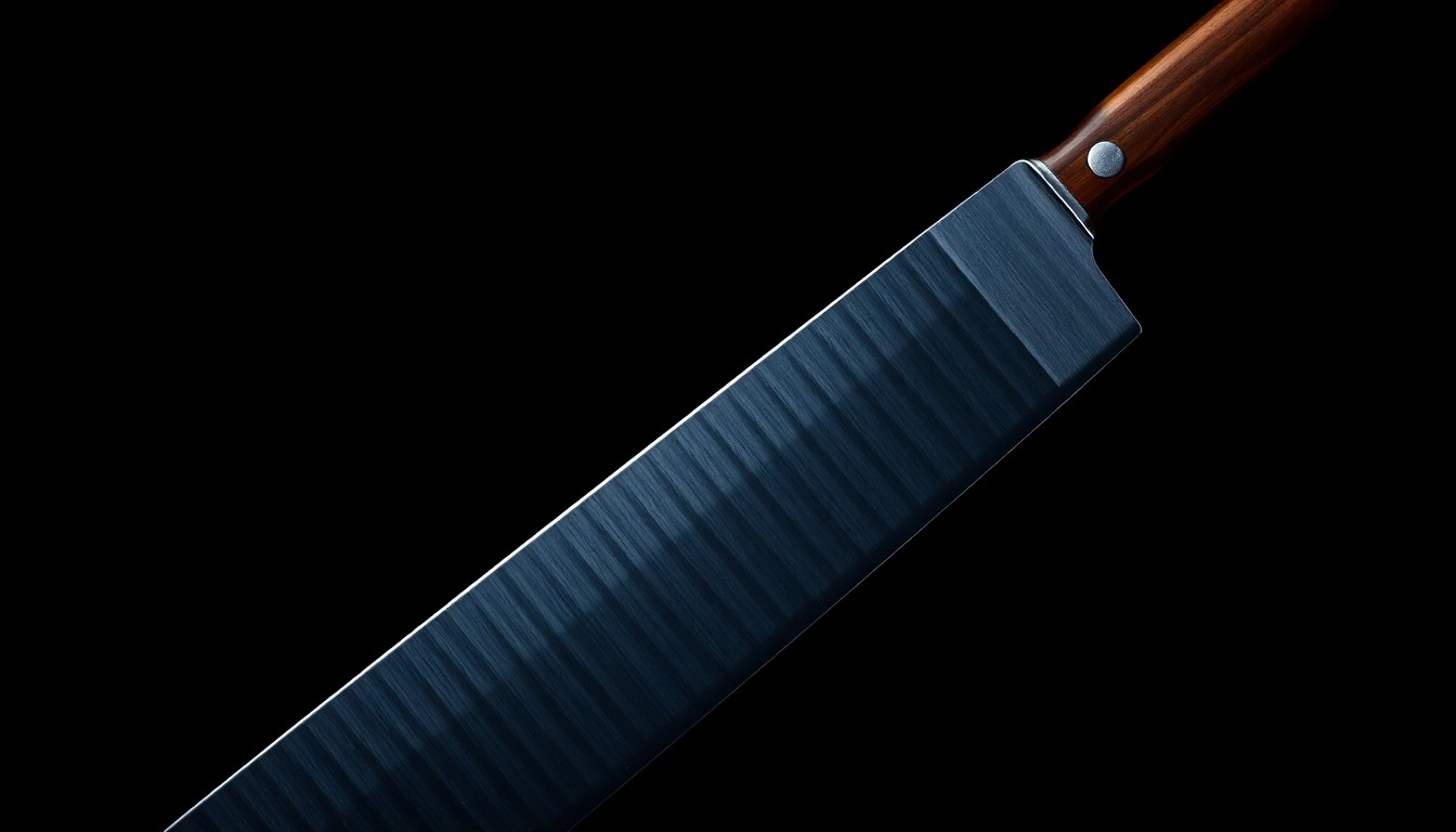 An extreme close-up photograph of a machete blade reflecting a bright, harsh light, conceptually illustrating the danger of a weapon used to threaten a worker.