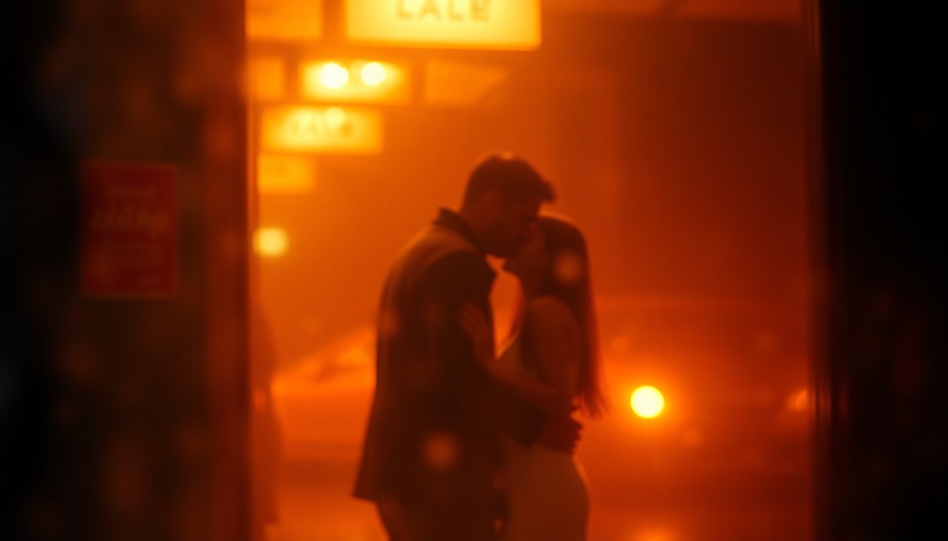 An abstract, out-of-focus photograph depicting a couple embracing in a warm, hazy setting, conveying the intimate and emotional nature of their relationship.