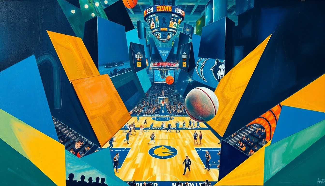 A cubist, geometric painting depicting overlapping basketball players, hoops, and court lines in a vibrant color palette, conceptually representing the intense action and competitive spirit of the Nuggets-Timberwolves playoff game.