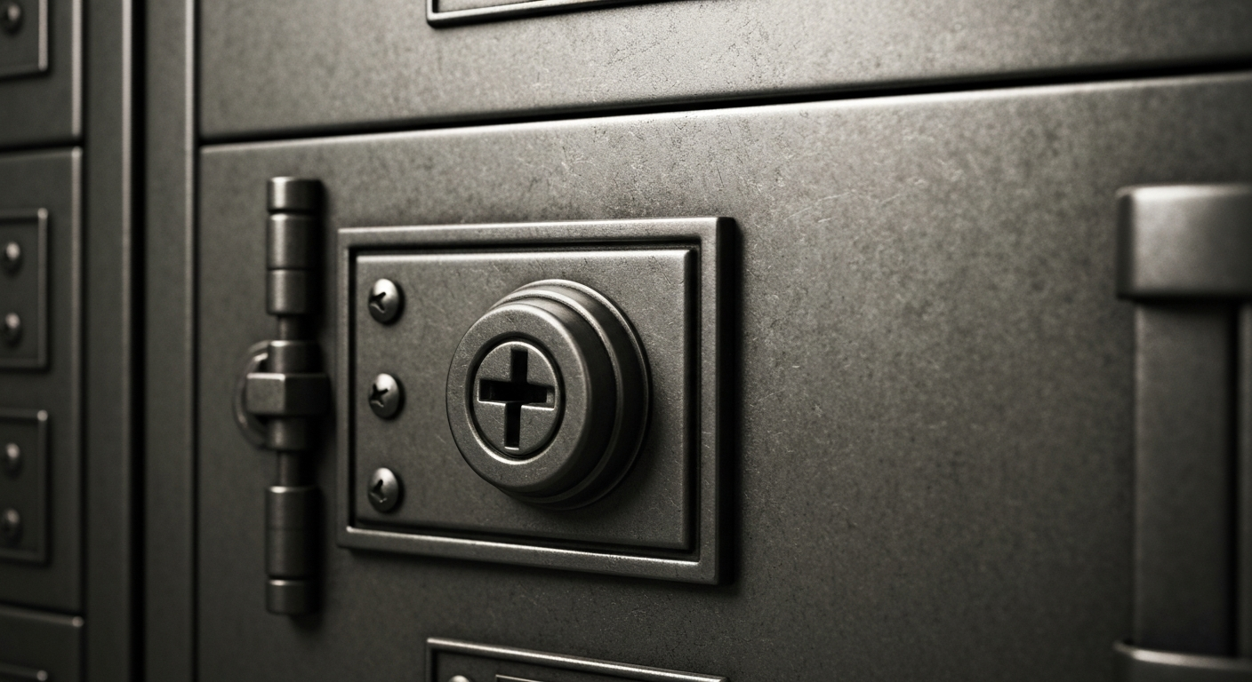 An extreme close-up of a heavy, industrial-looking metal safe deposit box, its intricate lock mechanism and weathered surface conveying a sense of institutional security and financial stability.