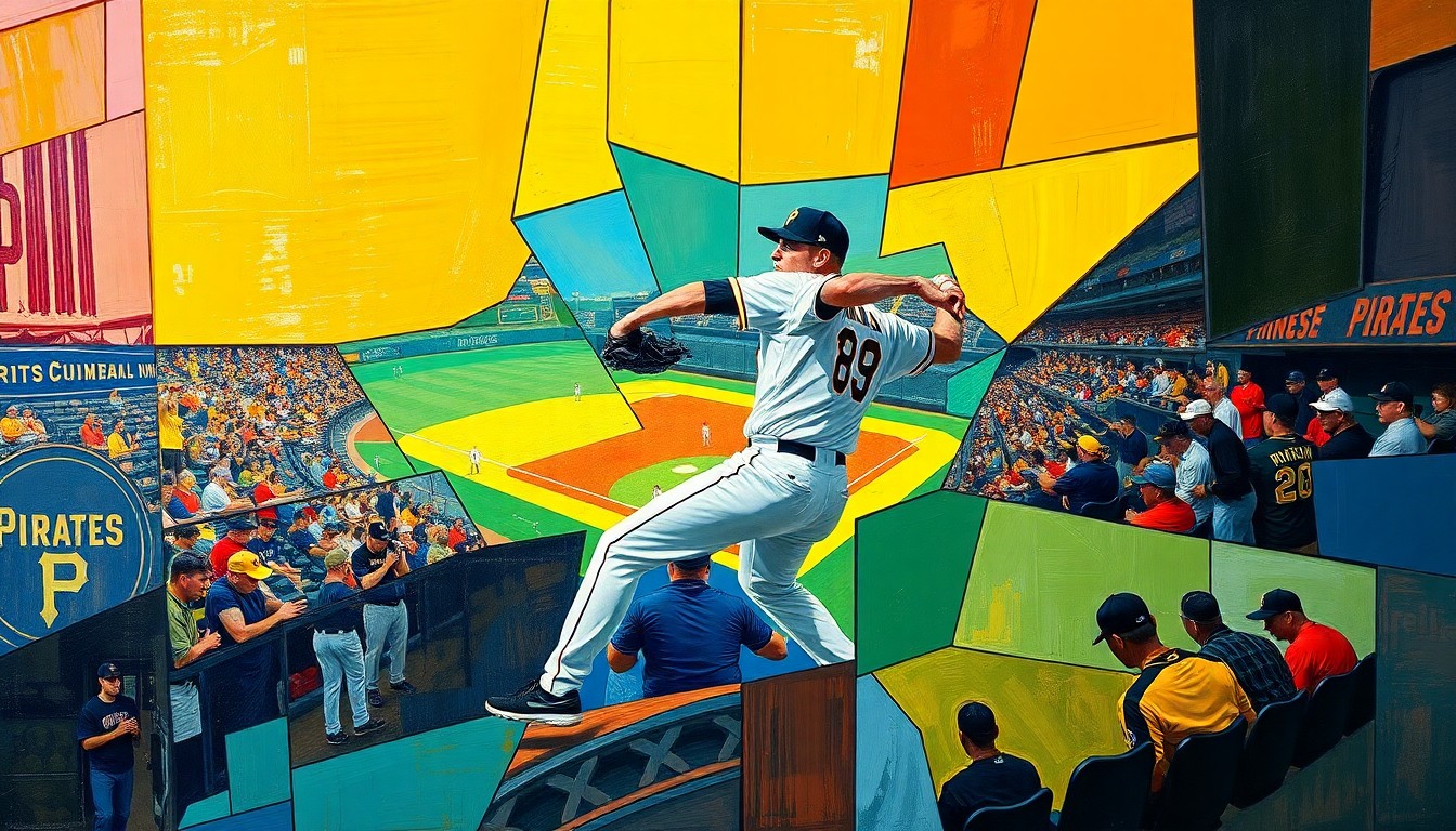 A cubist-style painting depicting a baseball pitcher's delivery and the crowd in the stands broken down into sharp, overlapping geometric shapes and planes in vibrant colors.