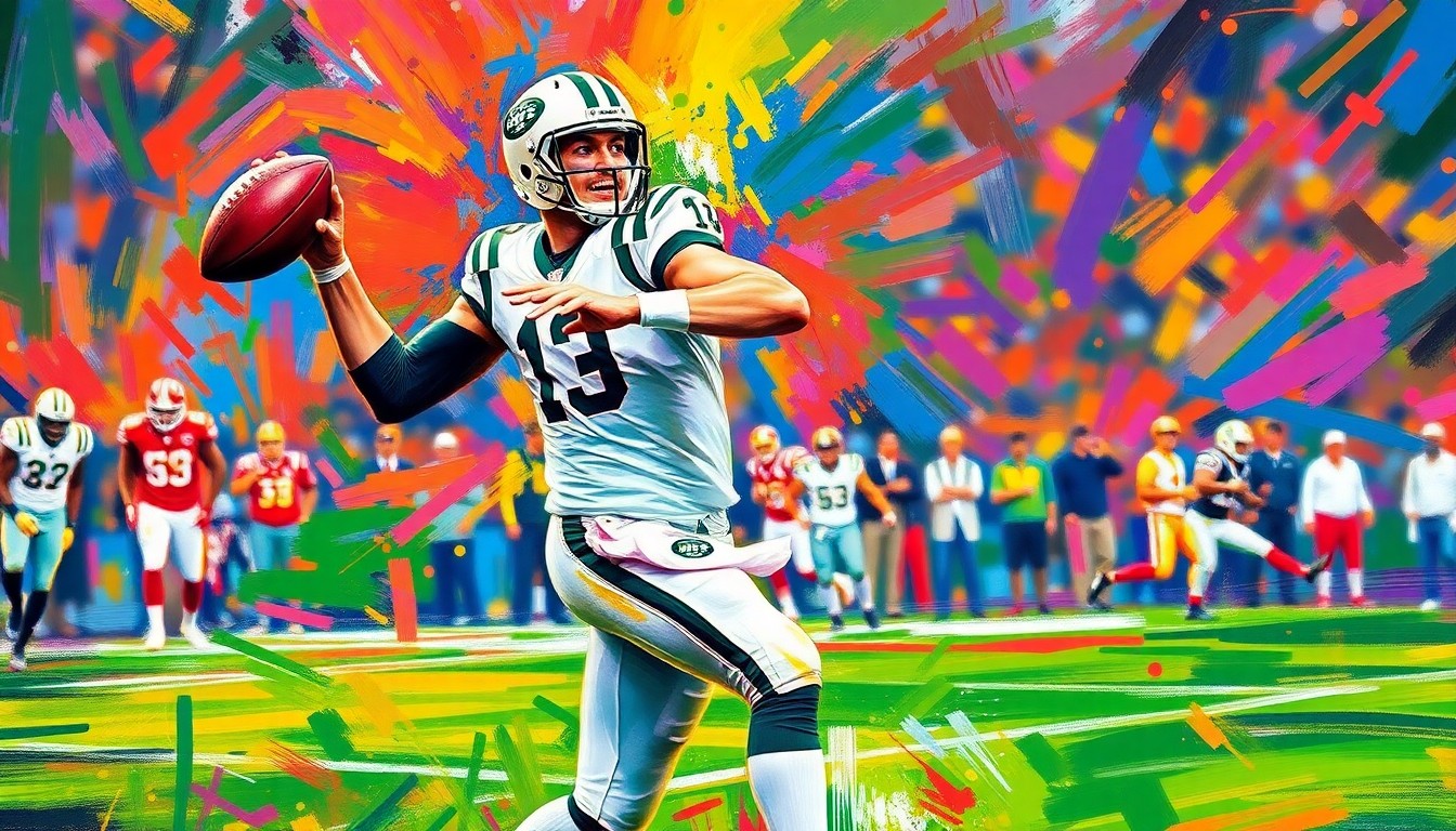 An abstract, expressionist painting in neon colors depicting the dynamic movement and energy of a quarterback making a pass downfield, with the players' faces and details dissolved into unrecognizable splatters of paint.
