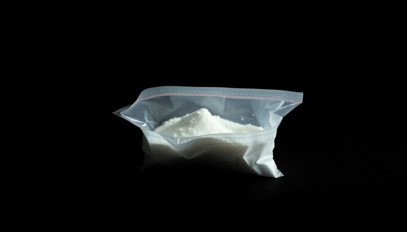 An extreme close-up of a small plastic bag containing white powder, reflecting the harsh light of a camera flash against a pitch-black background, conveying the gritty, investigative nature of this fentanyl trafficking case.