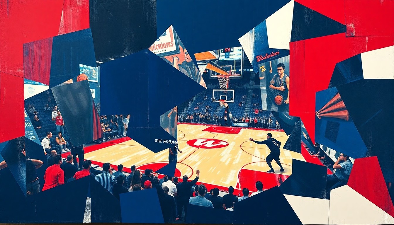 A cubist, geometric painting depicting a basketball player in motion, with sharp, overlapping planes of navy blue, cardinal red, and white representing the Wisconsin Badgers.